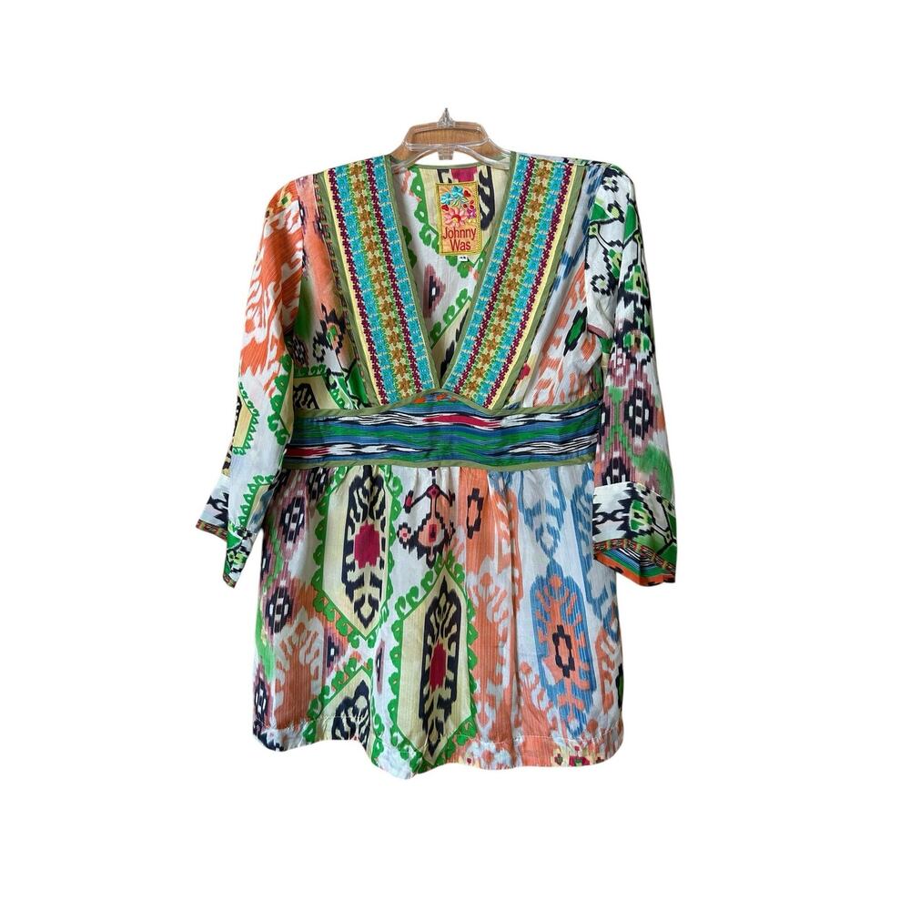 Johnny Was Silk Tunic Top Size XS Multicolor Embroidered Tribal Bohemian Artsy